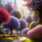 Colorful blossoming trees by tranquil river in fantasy landscape