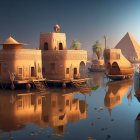 Traditional buildings, boat, pyramids, and birds by serene riverfront at dusk or dawn