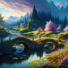 Tranquil river, stone bridge, blossoming trees, cozy cottages, majestic mountains at sunset