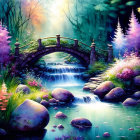 Vivid painting of whimsical landscape with red bridge, colorful spherical trees.