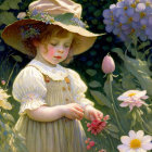 Young girl in wide-brimmed hat with flowers, lush greenery.