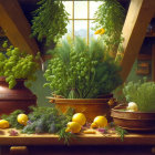 Fresh Produce Still Life with Grapes, Lemons, Herbs, and Vegetables on Wooden Table