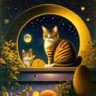 Striped Cats on Windowsill with Moon and Oranges in Starry Night