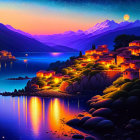 Colorful nighttime Mediterranean village by the sea with mountain backdrop