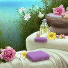 Tranquil Spa Setting with Towels, Flowers, Bath Salts, and Essential Oils