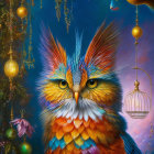 Colorful Owl with Intense Eyes and Ornate Accessories on Blue Background