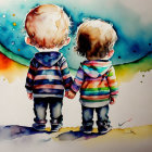 Animated toddlers in striped hoodies holding hands against colorful watercolor backdrop