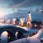 Snow-covered cottages and stone bridge in serene winter setting