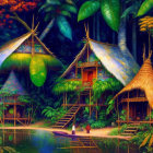 Serene jungle scene with foliage, hut, house, and pond at twilight