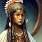 Digital painting of young girl in ornate indigenous attire with feathered headdress, beaded necklaces