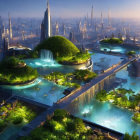 Futuristic cityscape with greenery, waterfalls, and innovative architecture