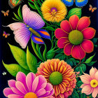 Colorful Flowers and Butterflies on Dark Background