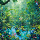 Mystical jungle with blue stream, lush foliage, flowers, and oversized mushrooms