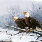 Bald eagles on branch with flowers against cloudy sky