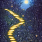 Golden Pathway Ascending into Starry Night Sky with Glowing Trees