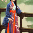 Traditional Asian attire woman on balcony with cherry blossoms