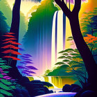 Colorful Stylized Illustration of Cascading Waterfall in Lush Forest