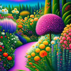 Colorful Fantasy Landscape with Whimsical Plants and Purple Mushroom