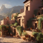 Sunlit terracotta buildings with green plants and flowers against hilly backdrop