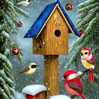 Winter birdhouse scene with vibrant birds in snowfall