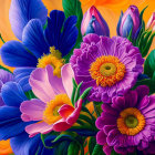 Colorful floral painting featuring blue and purple flowers on fiery orange backdrop