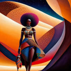 Stylized painting of woman in elaborate attire in surreal desert landscape