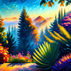 Vibrant Impressionistic Landscape Painting with Sunrise