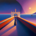 Surreal painting: Woman walking to ornate building on pier