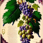 Detailed grapevine illustration with purple grapes, green leaves, script text, and wineglass.