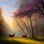 Misty forest scene with deer, pink tree, and red flowers