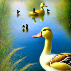 Illustration of Anthropomorphic Duck with Ducklings on Misty Lake