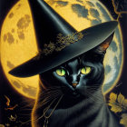 Black Cat with Witch's Hat in Full Moon Scene