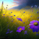 Purple flowers in vibrant field under dramatic sky