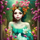 Woman adorned with flowers and butterflies in vibrant forest setting