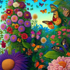 Colorful Flowers and Butterflies in Lush Garden Scene