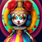 Vibrant clown illustration with colorful hat, flowers, and costume