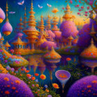 Whimsical purple and golden fantasy landscape with butterflies and flowers