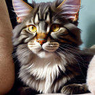 Maine Coon Cat with Yellow Eyes and Ear Tufts in Grey and White Fur