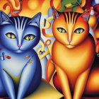 Vibrant Stylized Cats Artwork: Blue and Orange Felines with Whimsical Details