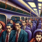 Crowded Train Carriage Painting with Colorful Attired Passengers