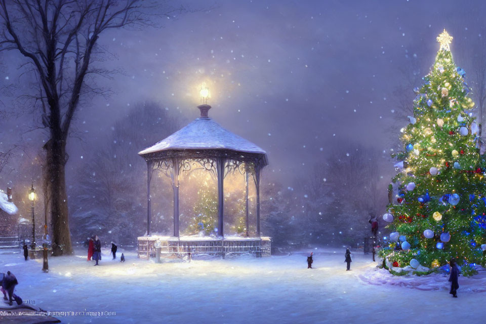 Snowy evening scene with people near a Christmas tree and lit gazebo