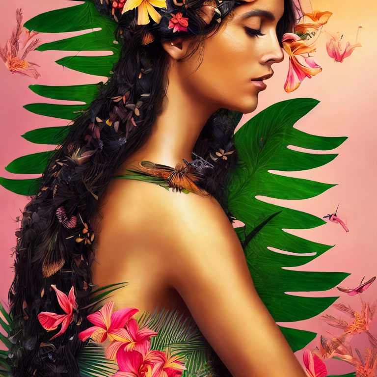 Woman with closed eyes, tropical flowers, leaves, and butterflies on colorful background