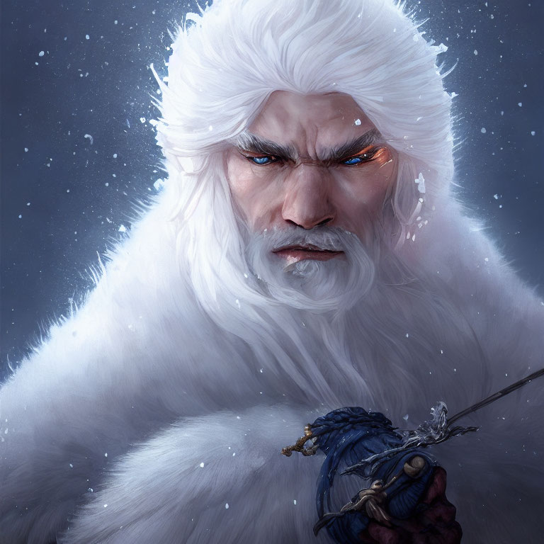 Digital painting of fierce character with white hair, beard, fur clothing, staff, snowflakes,