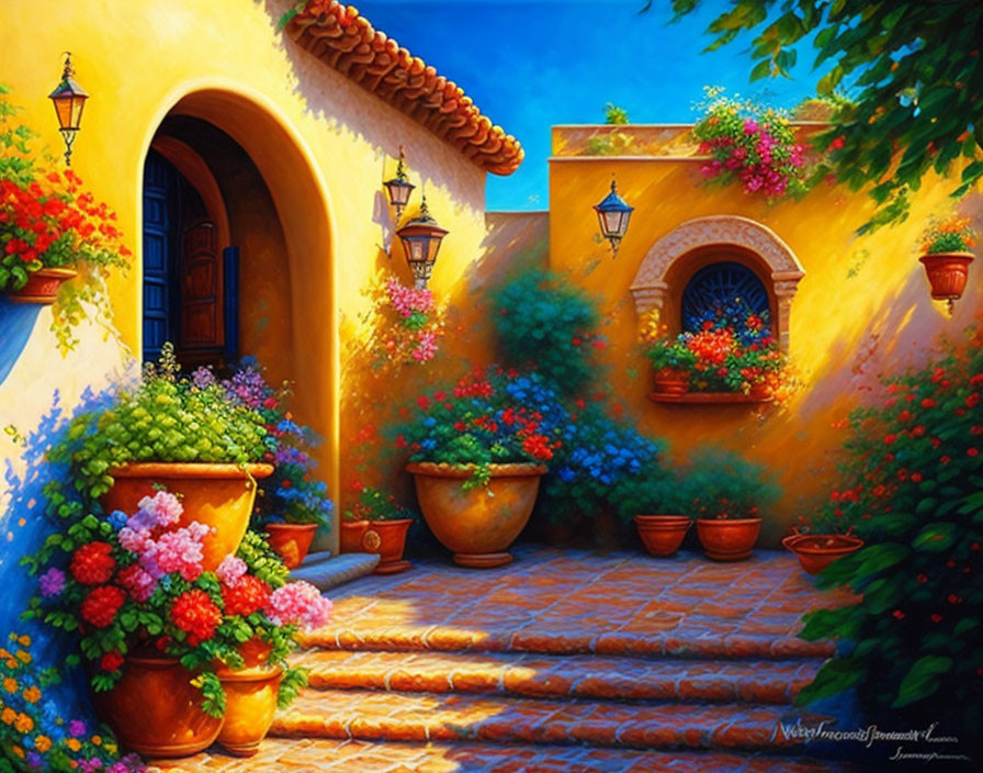 Vibrant Mediterranean-style courtyard painting with flowers and cobblestone stairs