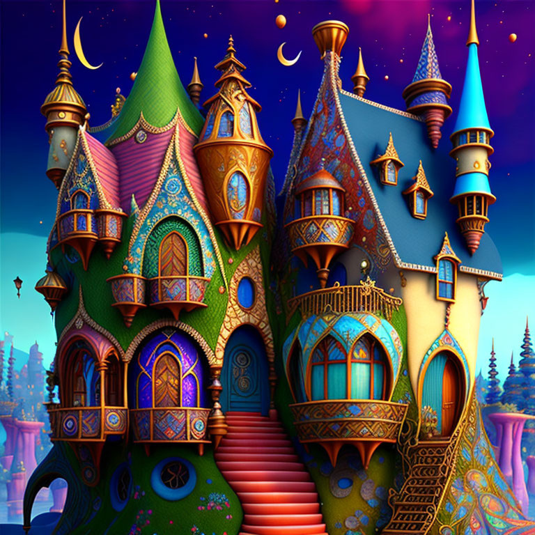 Colorful Fantastical Castle with Whimsical Architecture at Night