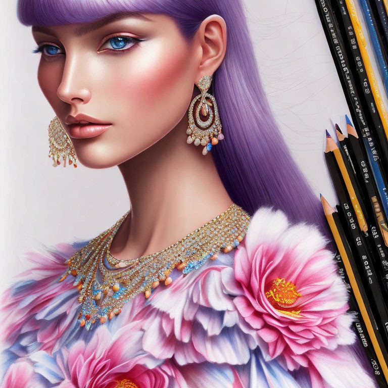 Detailed illustration of woman with violet hair, dramatic makeup, gold jewelry, near artist pencils