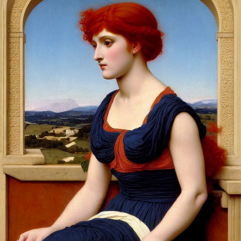 Portrait of Woman with Red Hair in Blue and Orange Dress Against Serene Landscape