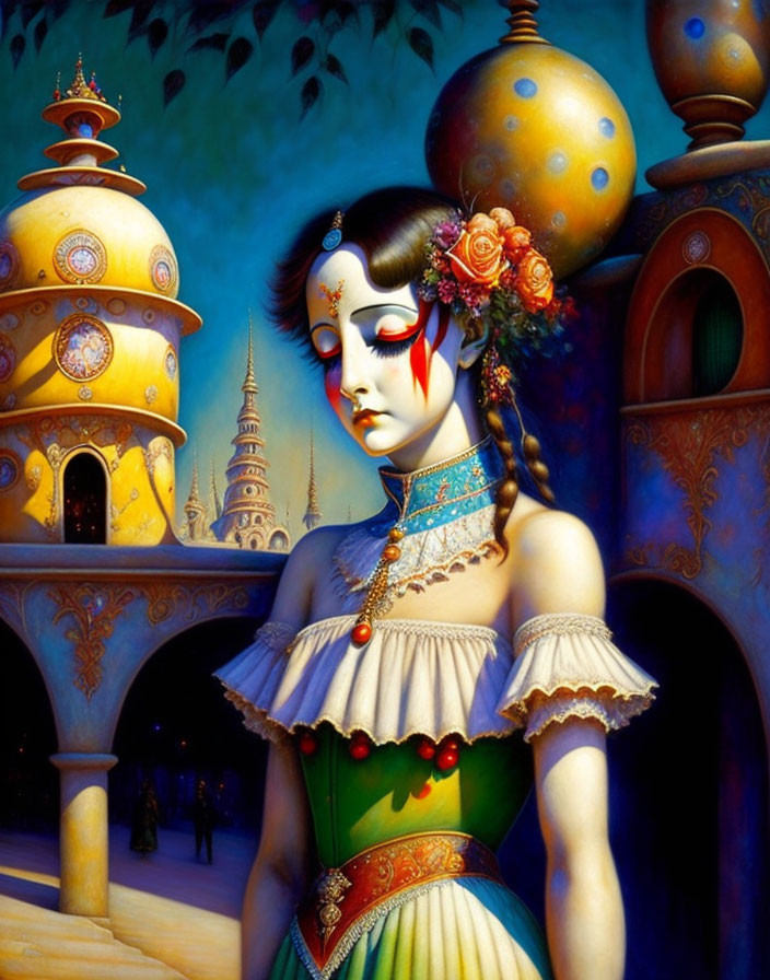 Stylized woman with decorative makeup next to colorful buildings at twilight