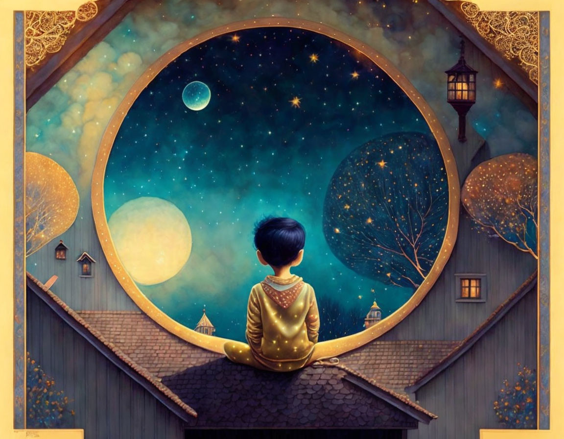 Child gazes at star-filled sky through circular frame amidst whimsical setting