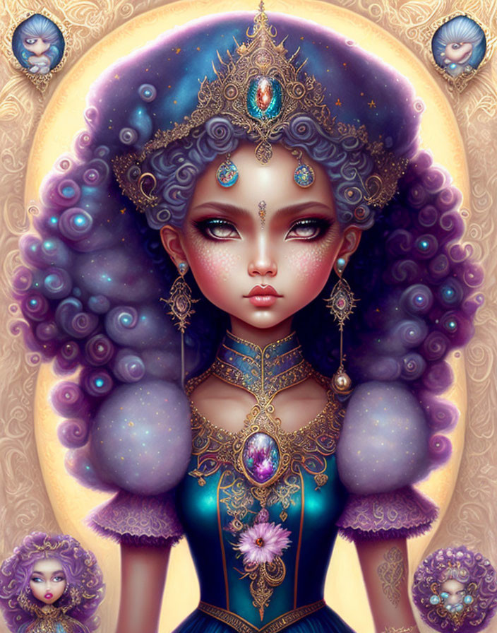 Fantasy queen with galaxy hair, crown, and ethereal heads